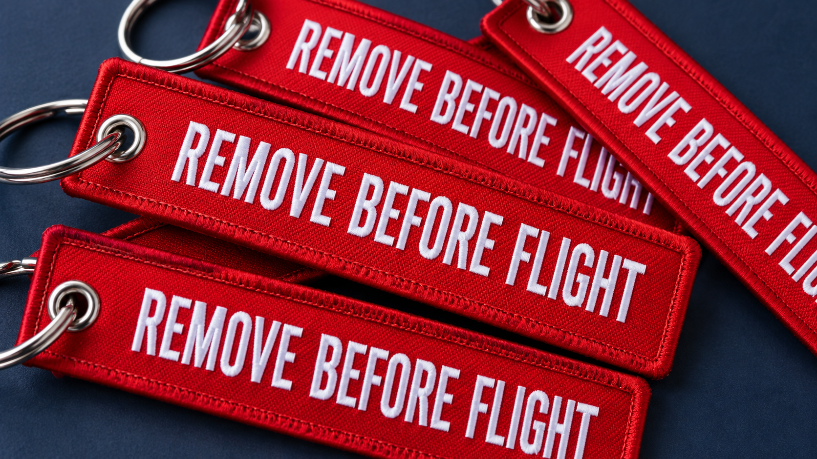 Close-up of red remove before flight tags with white lettering and silver keyrings